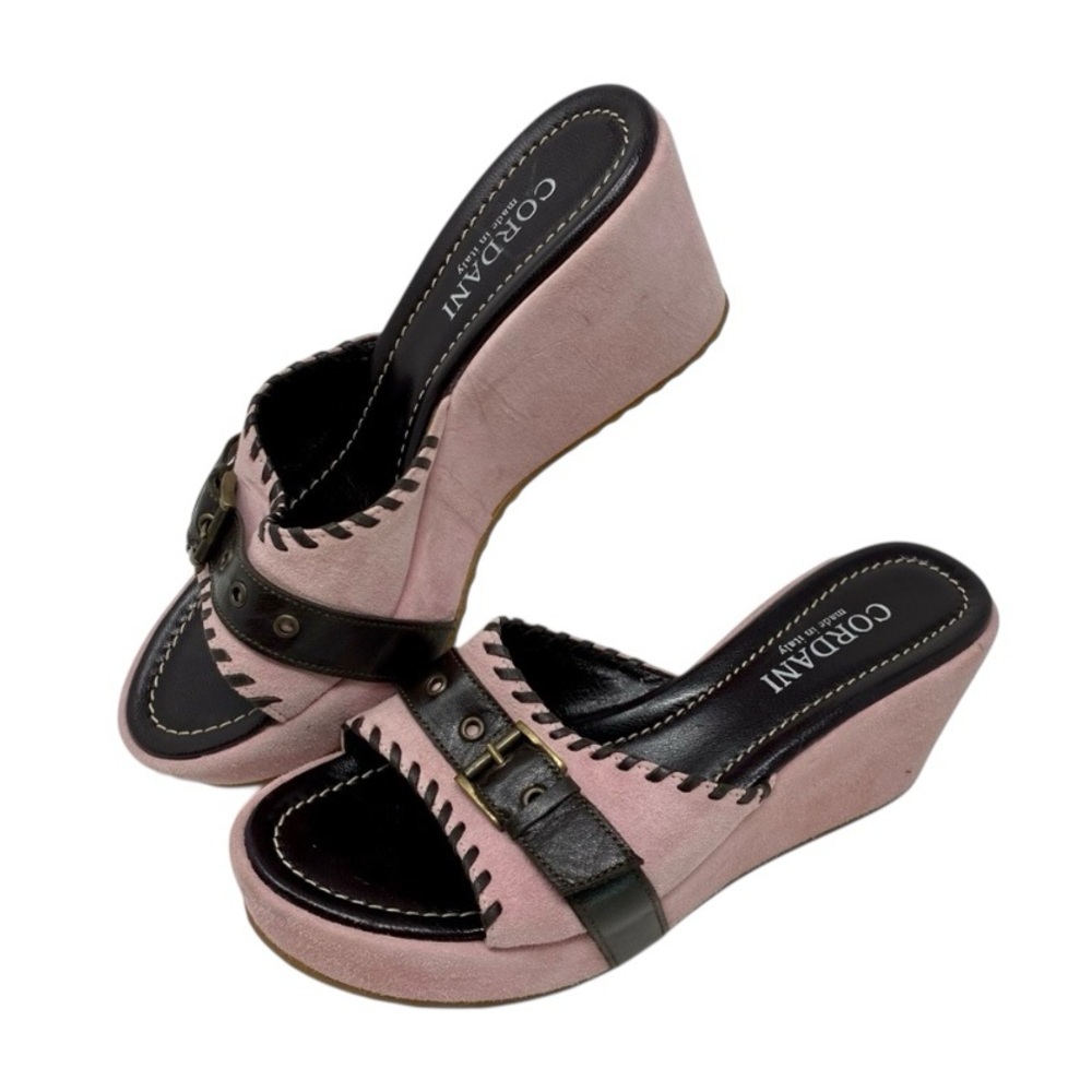 Cordani Italy Pink All Suede Whipstitch Brown Leather Platform Sandals S…